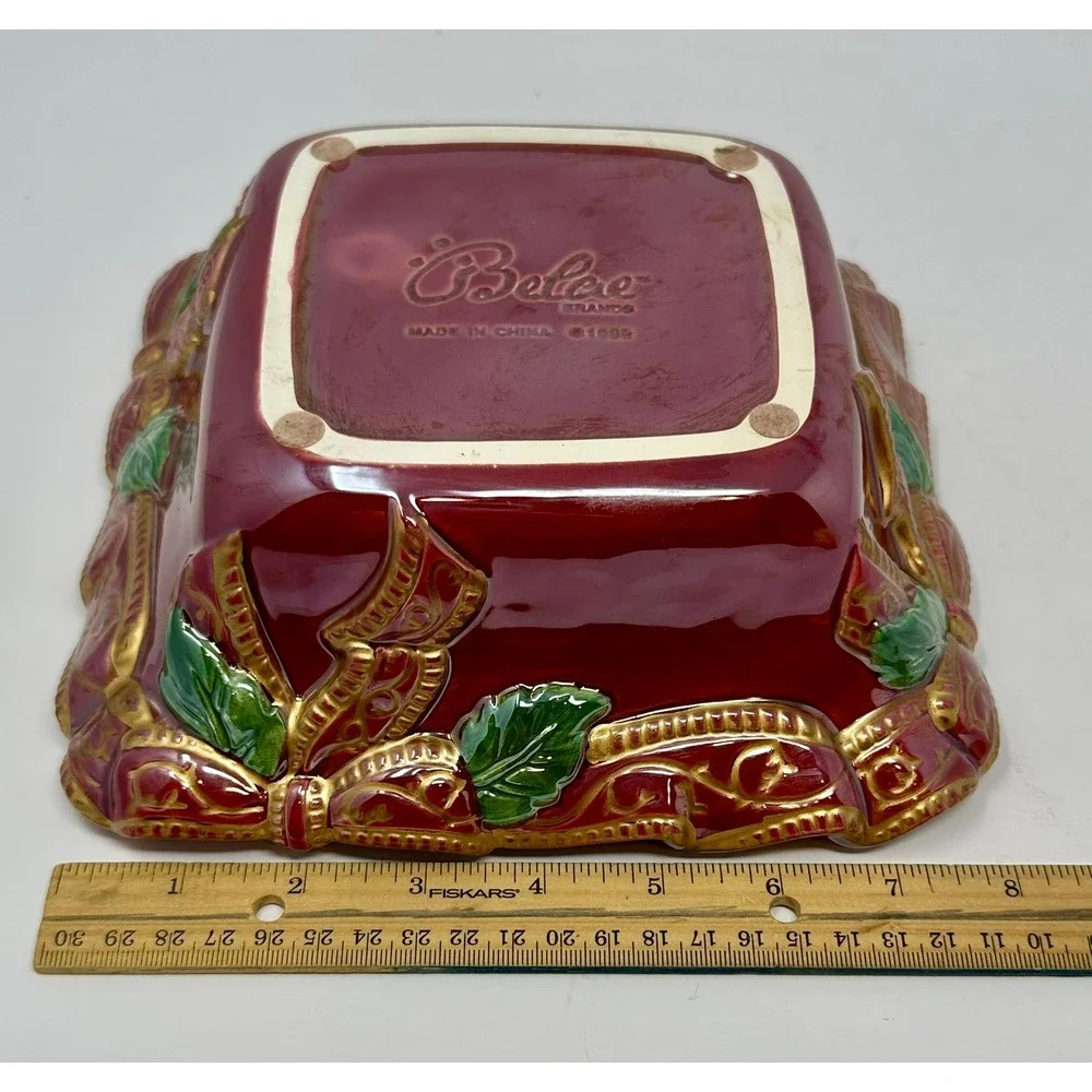 Bailee Brands Vintage 1999 Christmas Burgundy Gold Ribbon Ceramic Square Bowl A1